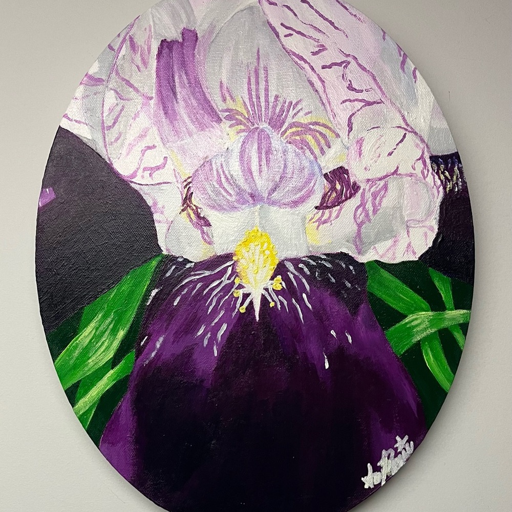 Sammie Rae’s Hand-painted Purple and White Floral Oval Canvas Painting 11”x14”
